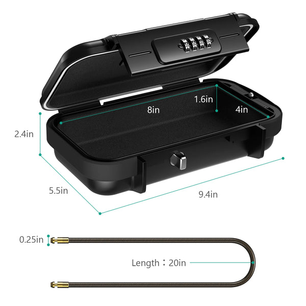 A black portable combination lock box with a lid, showing its dimensions and a separate cable.