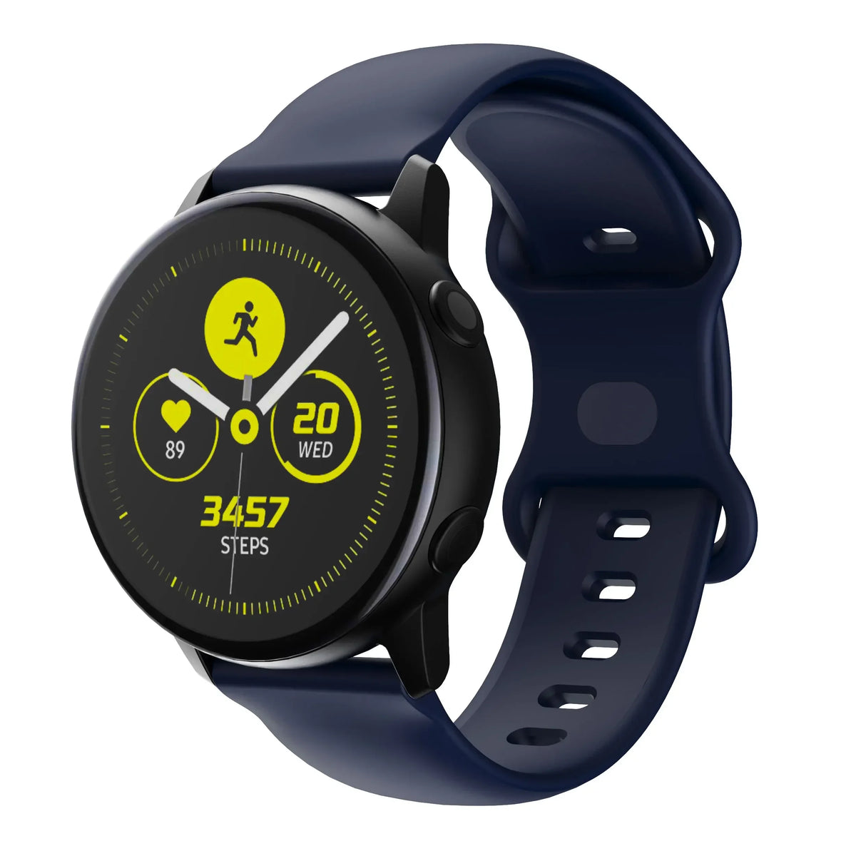 A dark blue silicone smartwatch displaying a fitness tracking screen with step count and date.