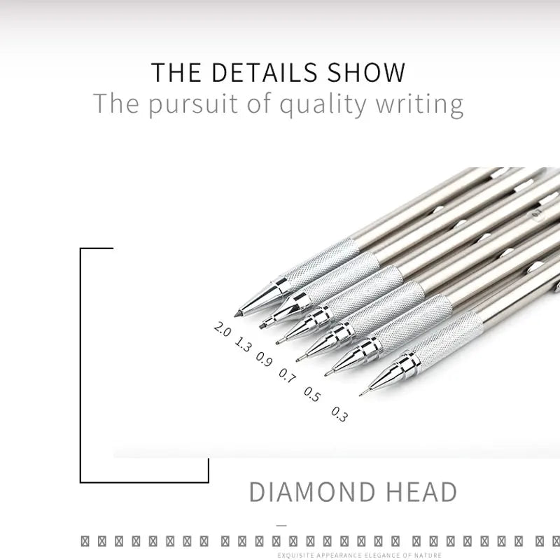 A close-up view of a precision mechanical pencil set showing various diamond head sizes.