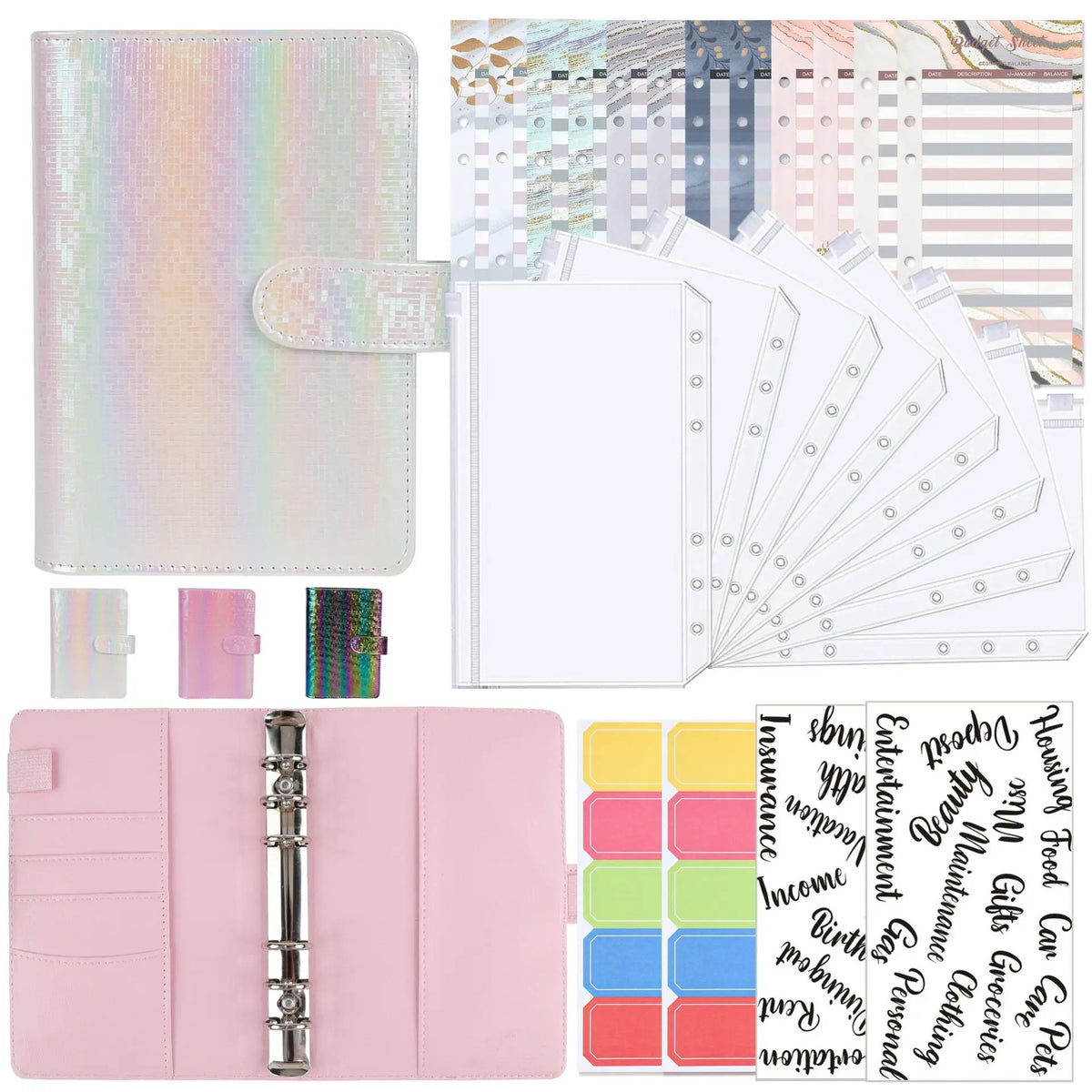 Un set de planneuses et organisateurs d'argent A6 roses et multicolores avec divers designs.