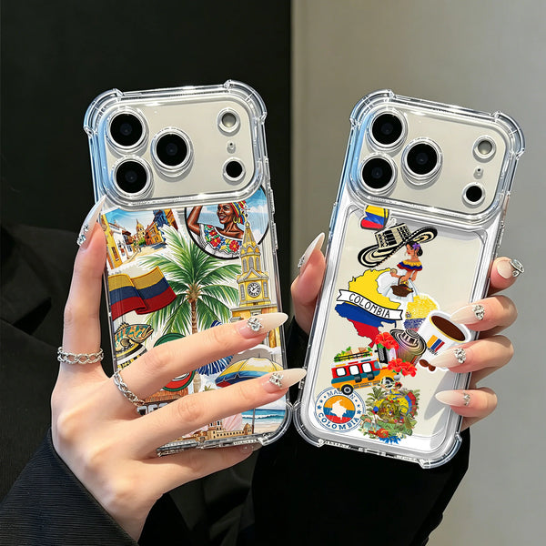 A hand holds a clear anti-fall silicone phone case featuring a colorful Colombian flag design.