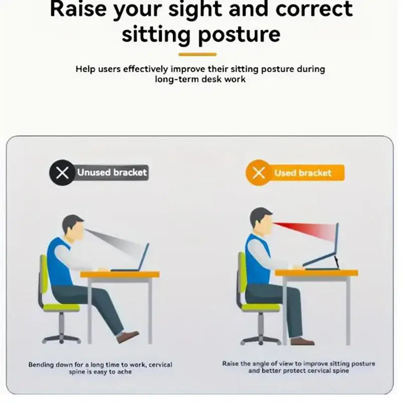 Diagram showing the difference between using and unused laptop brackets for improving sitting posture.