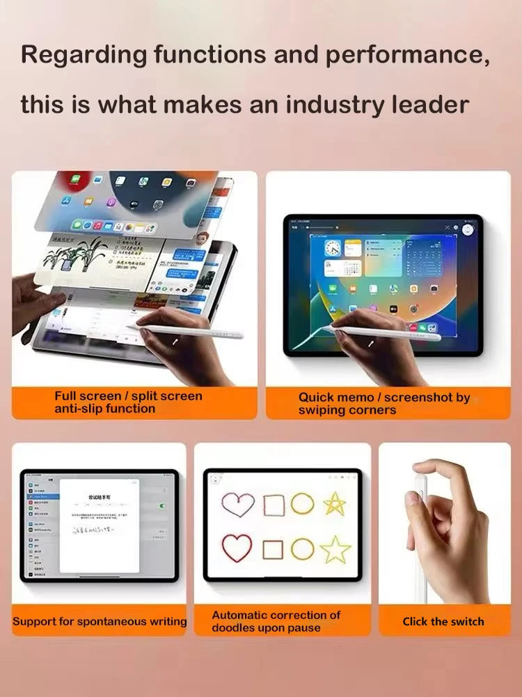 A set of digital writing tools including a stylus pen and various tablets demonstrating features like split screen and automa