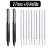 A set of two fine point ballpoint pens with ten refills shown in a black and white arrangement.