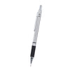 Silver metal mechanical pencil with a black grip and an HB lead core.