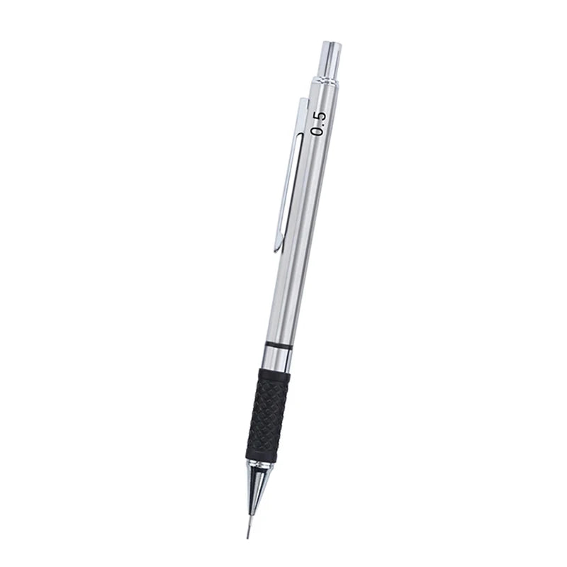 Silver metal mechanical pencil with a black grip and an HB lead core.