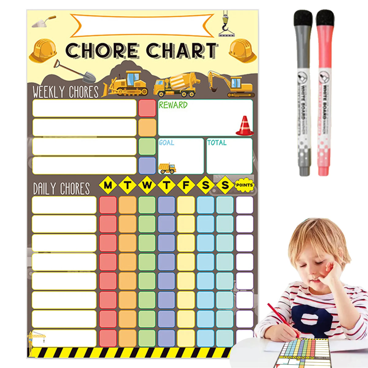 A magnetic weekly chore chart for kids showing sections for weekly chores, daily chores, rewards, goals, and total points.