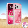 A pink glitter liquid quicksand phone case is shown next to a smartphone, highlighting its military-grade anti-drop protectio