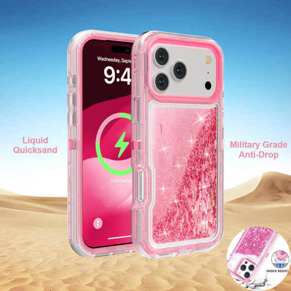 A pink glitter liquid quicksand phone case is shown next to a smartphone, highlighting its military-grade anti-drop protectio