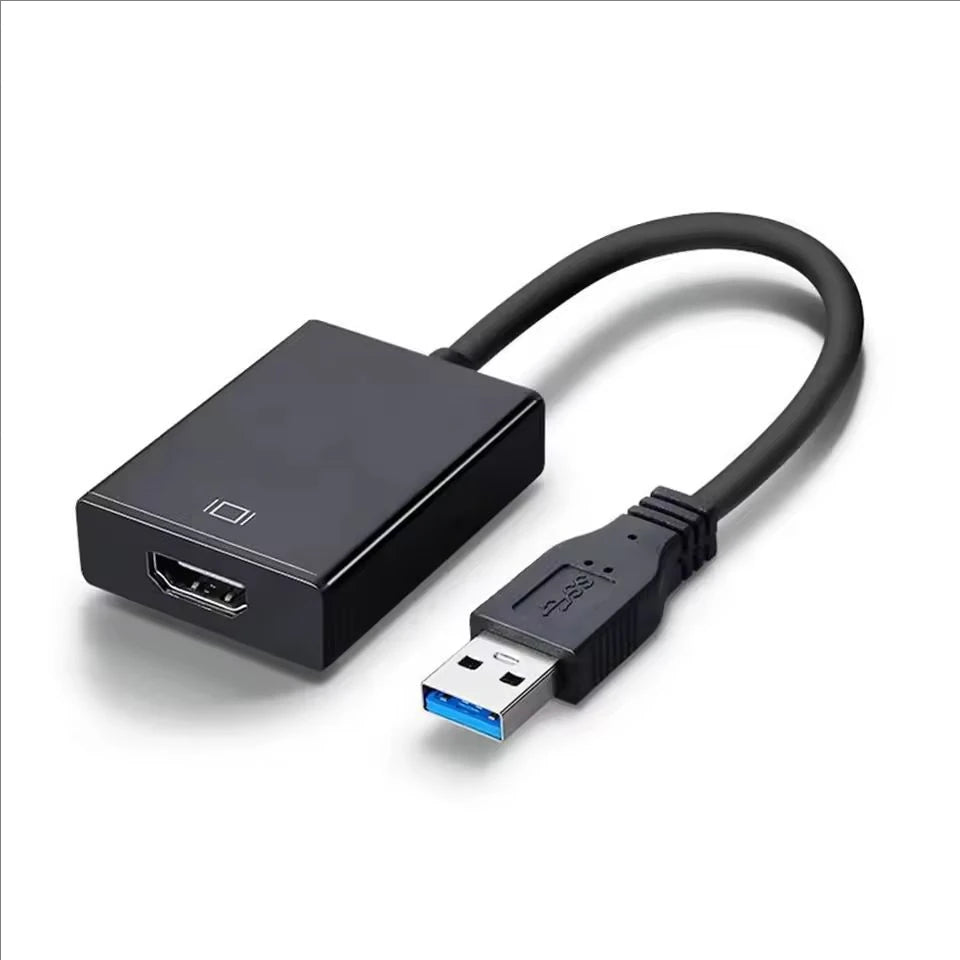 A black USB 3.0 to HDMI adapter cable with a connector for a PC display.