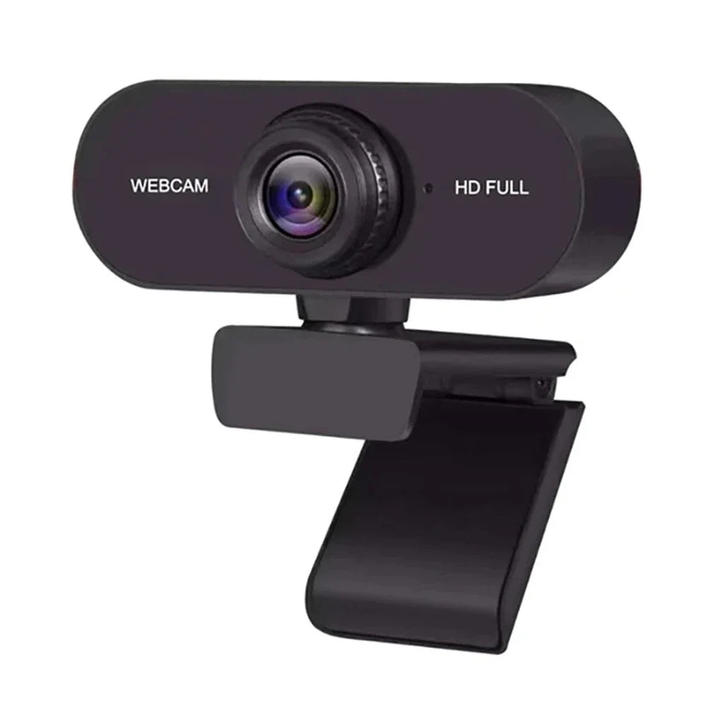 A black HD webcam device with a lens visible, designed for laptop and desktop use.