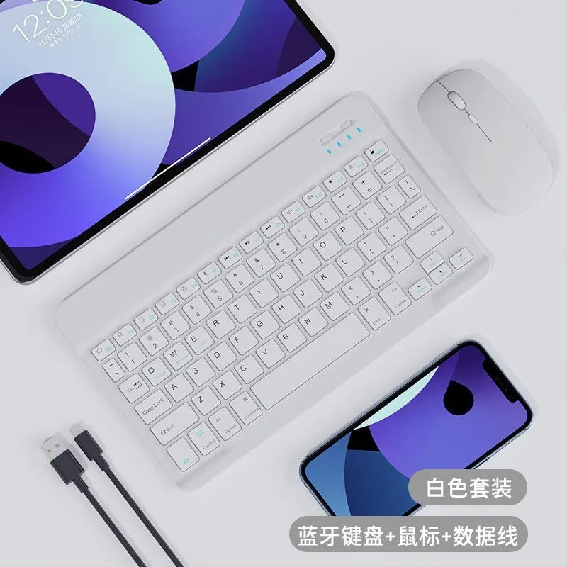 A white 10-inch Bluetooth keyboard and mouse combo with a smartphone shown in a studio setting.