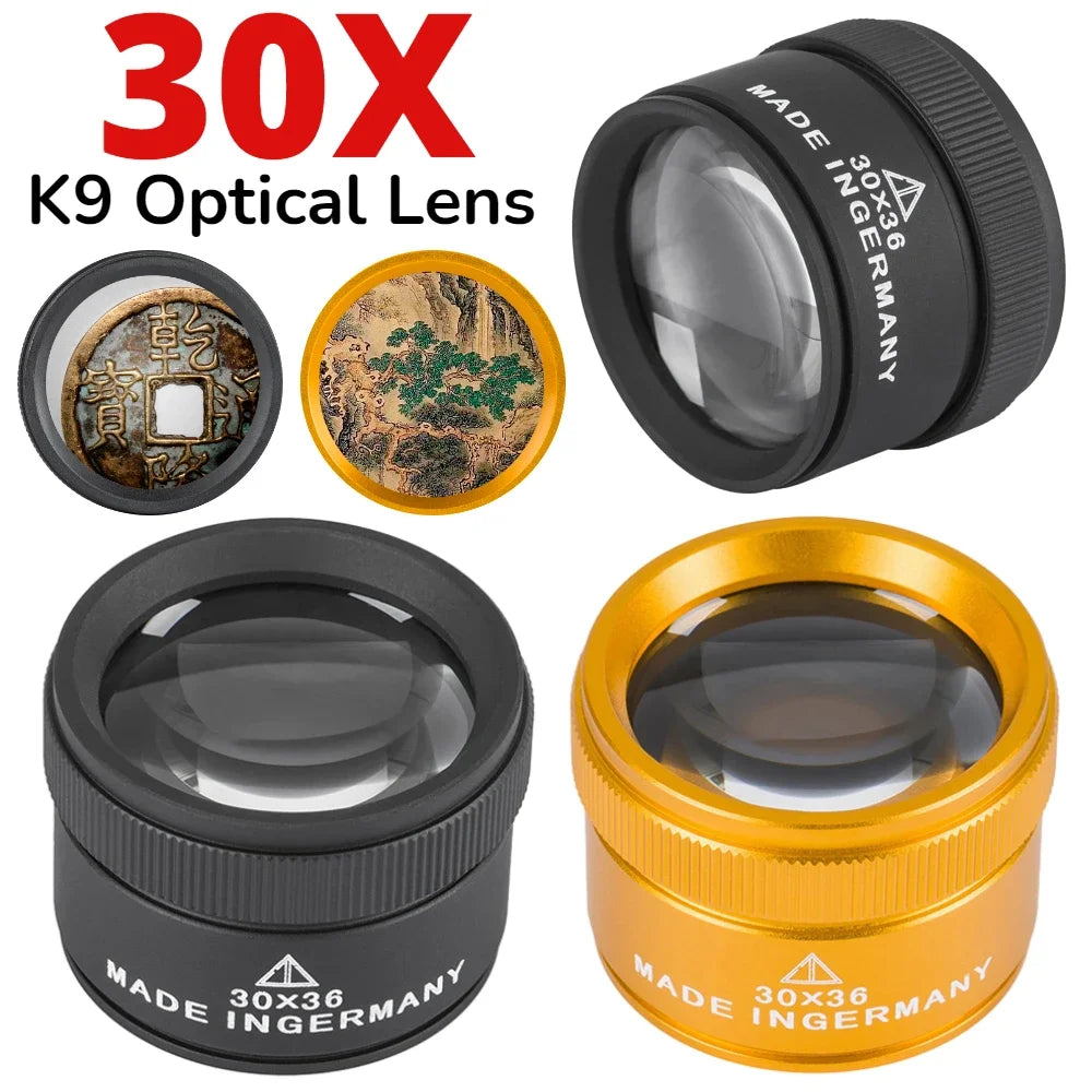 A set of 30X K9 optical lenses and a handheld magnifying loupe for inspection.