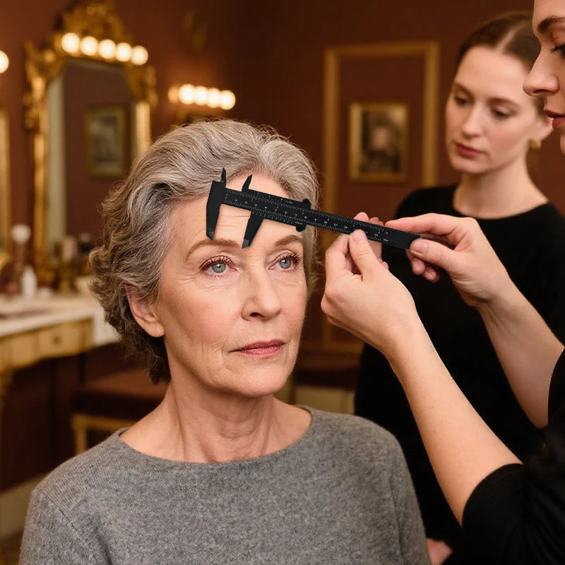 A woman is having her eyebrows measured using a black precision caliper against her face.