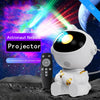 Un projecteur d'astronaute blanc avec un faisceau lumineux brillant sur un fond spatial sombre et étoilé.