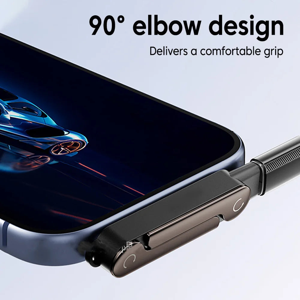 A close-up of a smartphone with a protective case featuring a 90 degree elbow design for a comfortable grip.