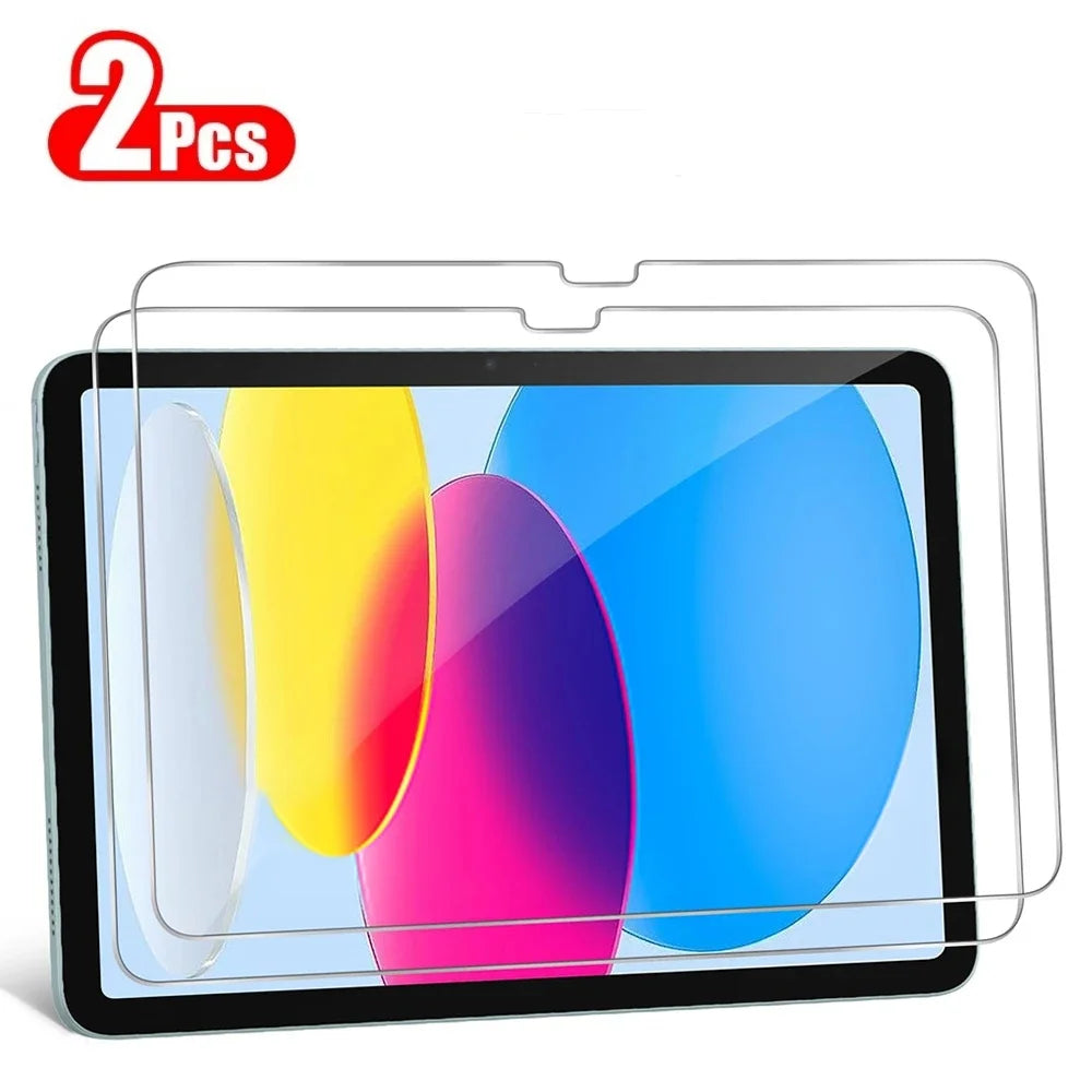 Two tempered glass screen protectors for an iPad displaying colorful abstract designs.
