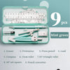 A mint green 9-piece geometry drawing set including an eraser, protractor, pencil, lead, compass, rulers, and a pencil conver