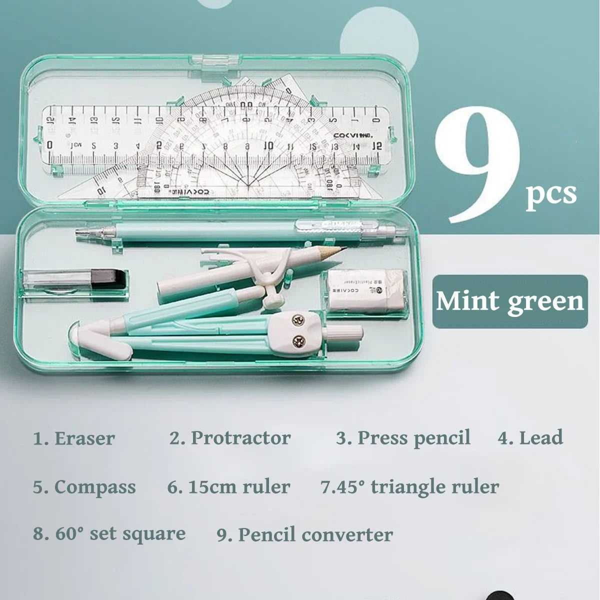 A mint green 9-piece geometry drawing set including an eraser, protractor, pencil, lead, compass, rulers, and a pencil conver