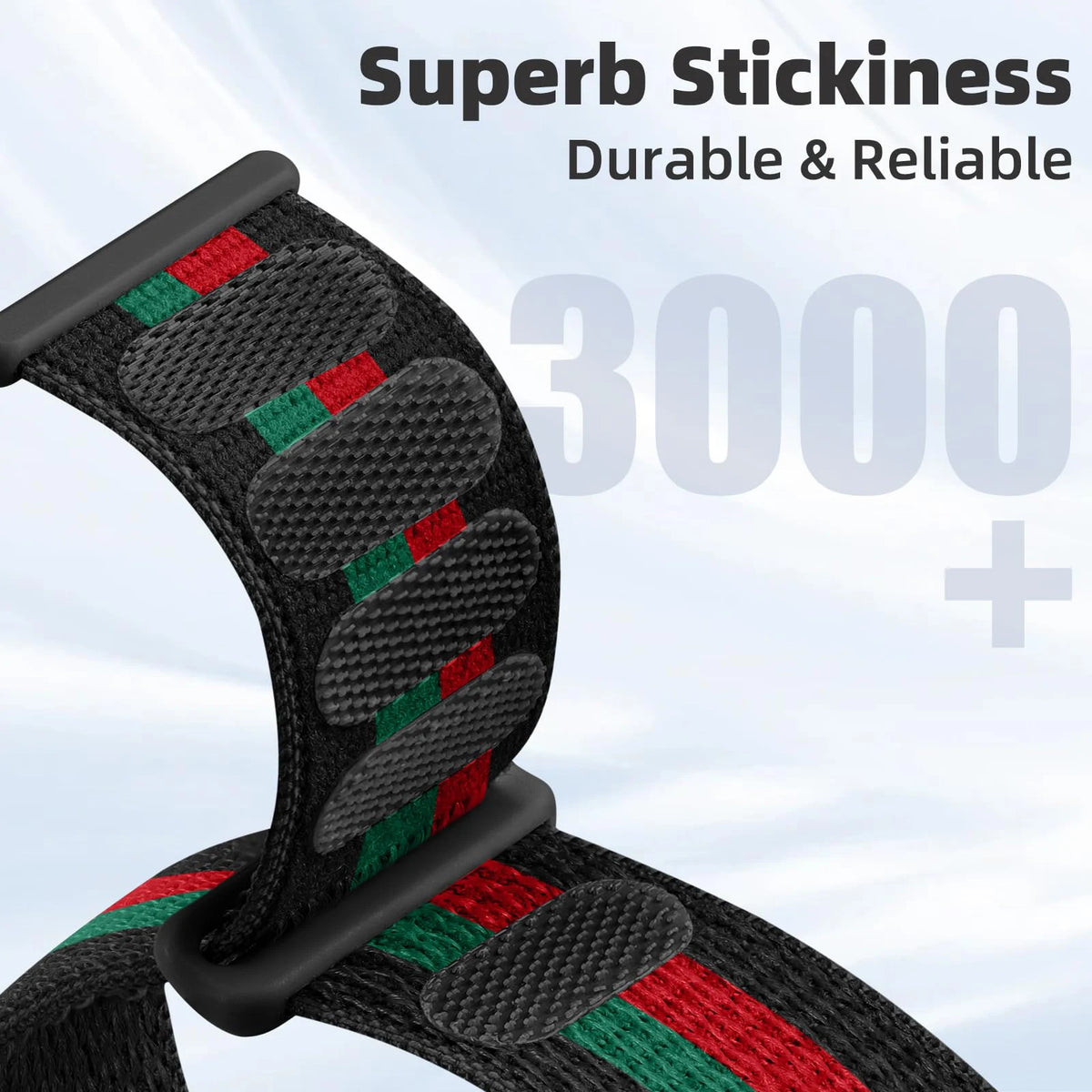 Close-up of a black hook and loop watch strap with red and green accents, showing its durability.
