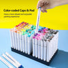 A collection of color-coded caps and pads for alcohol markers arranged in a display box.