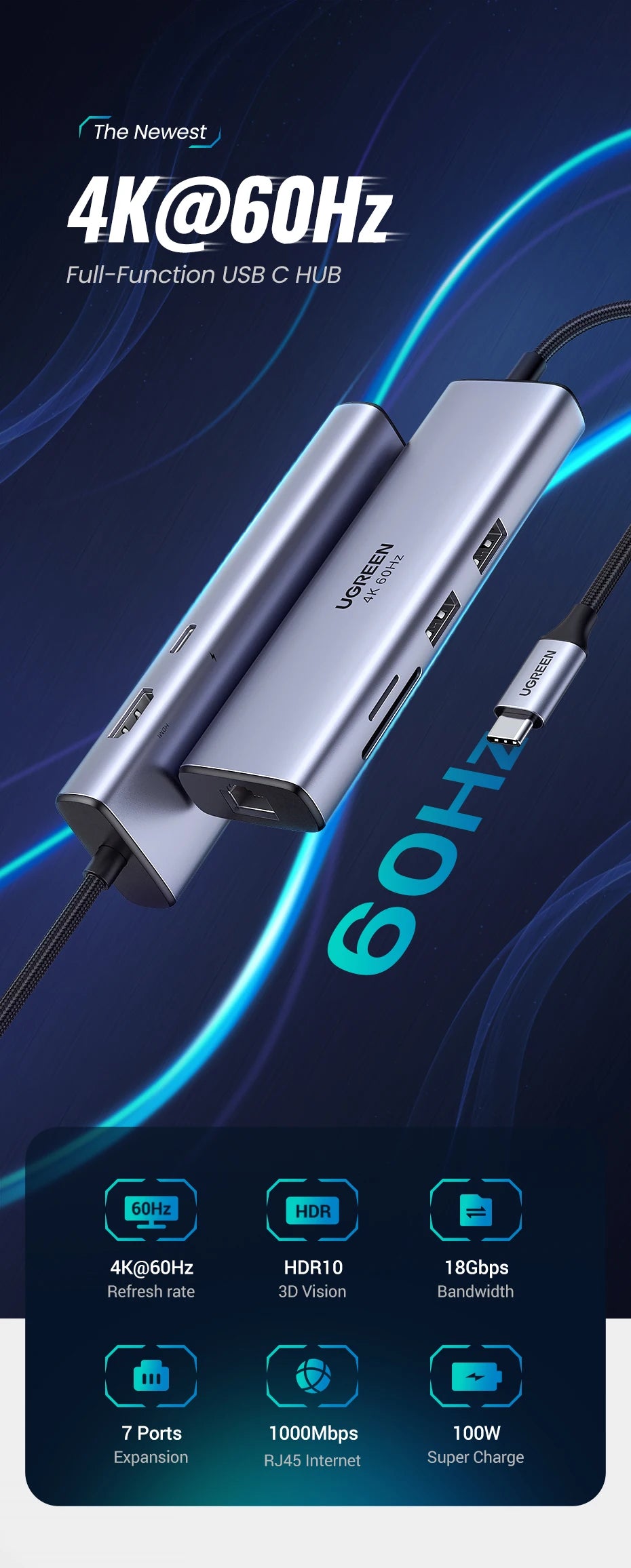 محور USB-C فضي مزود بمنافذ HDMI و Ethernet وتوصيل طاقة لأداء 4K@60Hz.