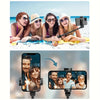 A professional extendable selfie stick tripod is shown with multiple people taking photos.