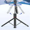 A black multifunctional selfie stick tripod is shown with a smartphone mounted on top, demonstrating a 360 degree panoramic s