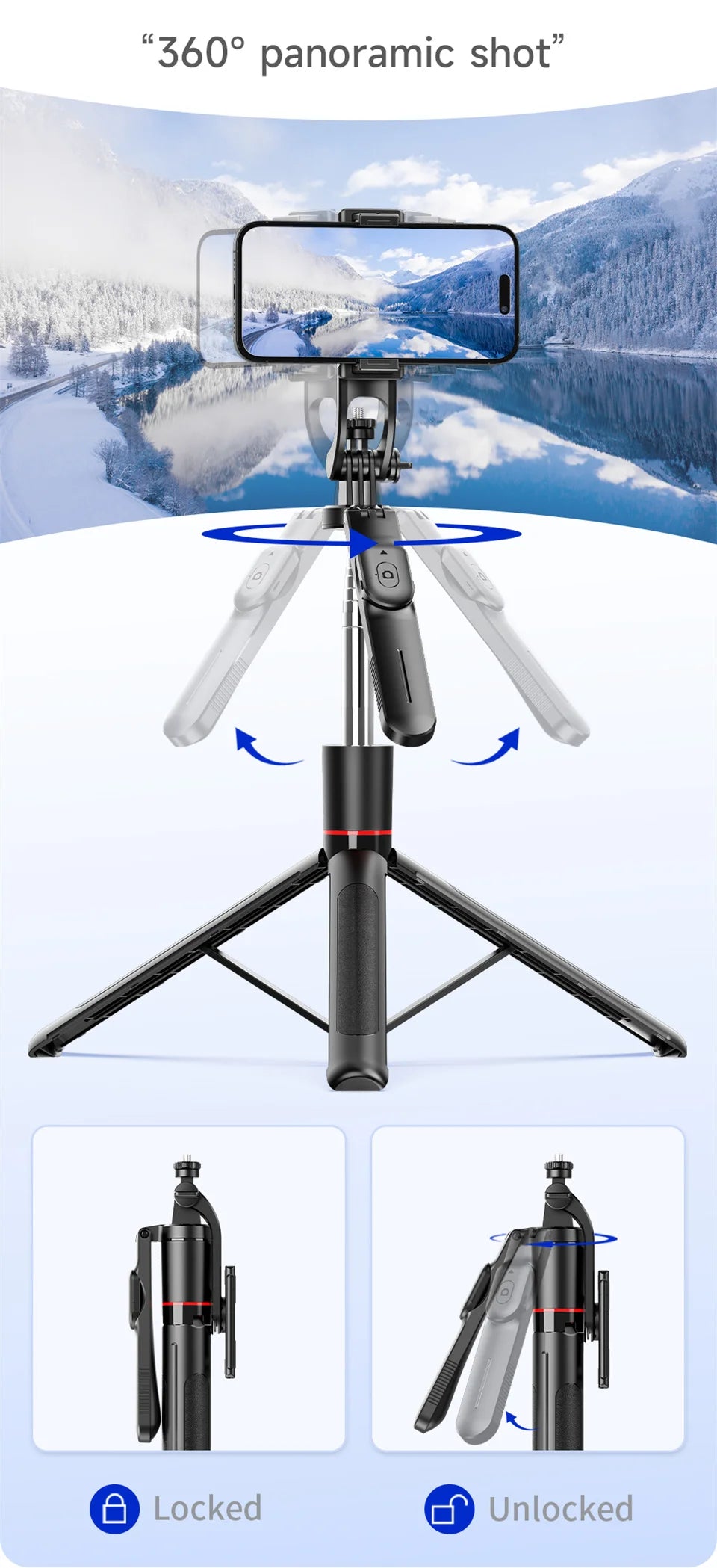 A black multifunctional selfie stick tripod is shown with a smartphone mounted on top, demonstrating a 360 degree panoramic s
