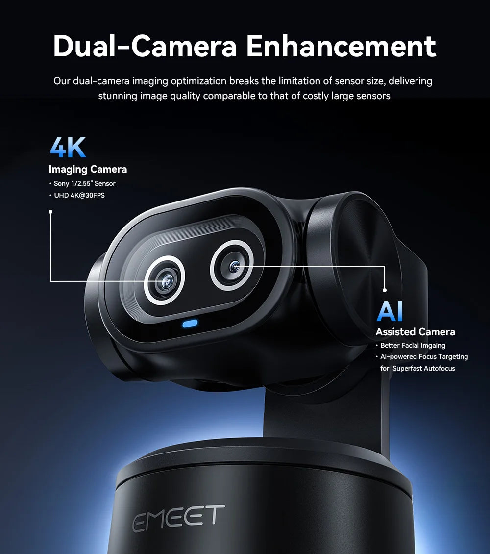A close-up of an AI-assisted 4K dual-camera PTZ webcam with a black body and lens assembly.