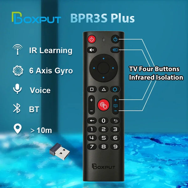 A black Boxput BPR3S Plus remote control for a wireless gyro air mouse featuring IR learning, voice control, and four buttons