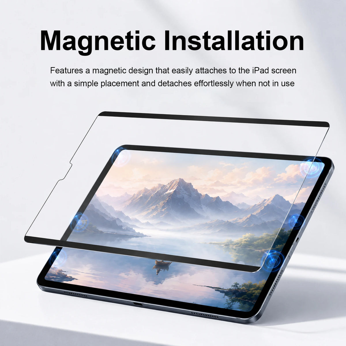 Una película magnética transparente se muestra instalándose en una pantalla de iPad para facilitar el montaje y desmontaje.