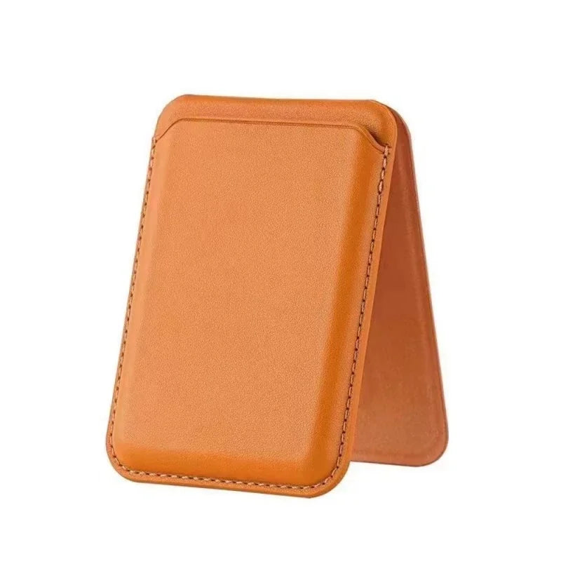 A tan magnetic leather wallet with a protective stand case shown from the side.