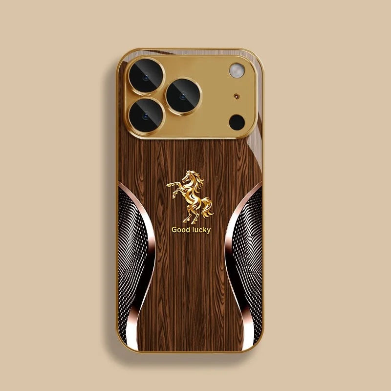 Golden horse wood grain tempered glass phone case for iPhone with a gold finish and textured design