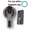 A dual-sided magnetic phone ring holder with a rotating stand shown next to a smartphone.
