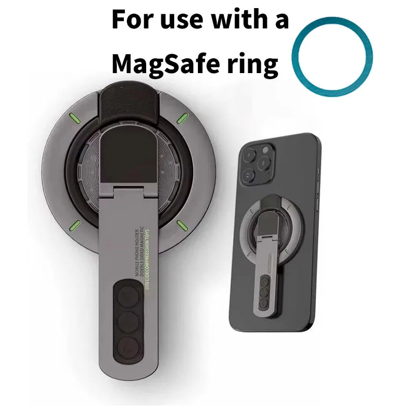 A dual-sided magnetic phone ring holder with a rotating stand shown next to a smartphone.