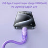 A purple USB-Type-C fast charging cable is shown connected to a smartphone for quick charging.