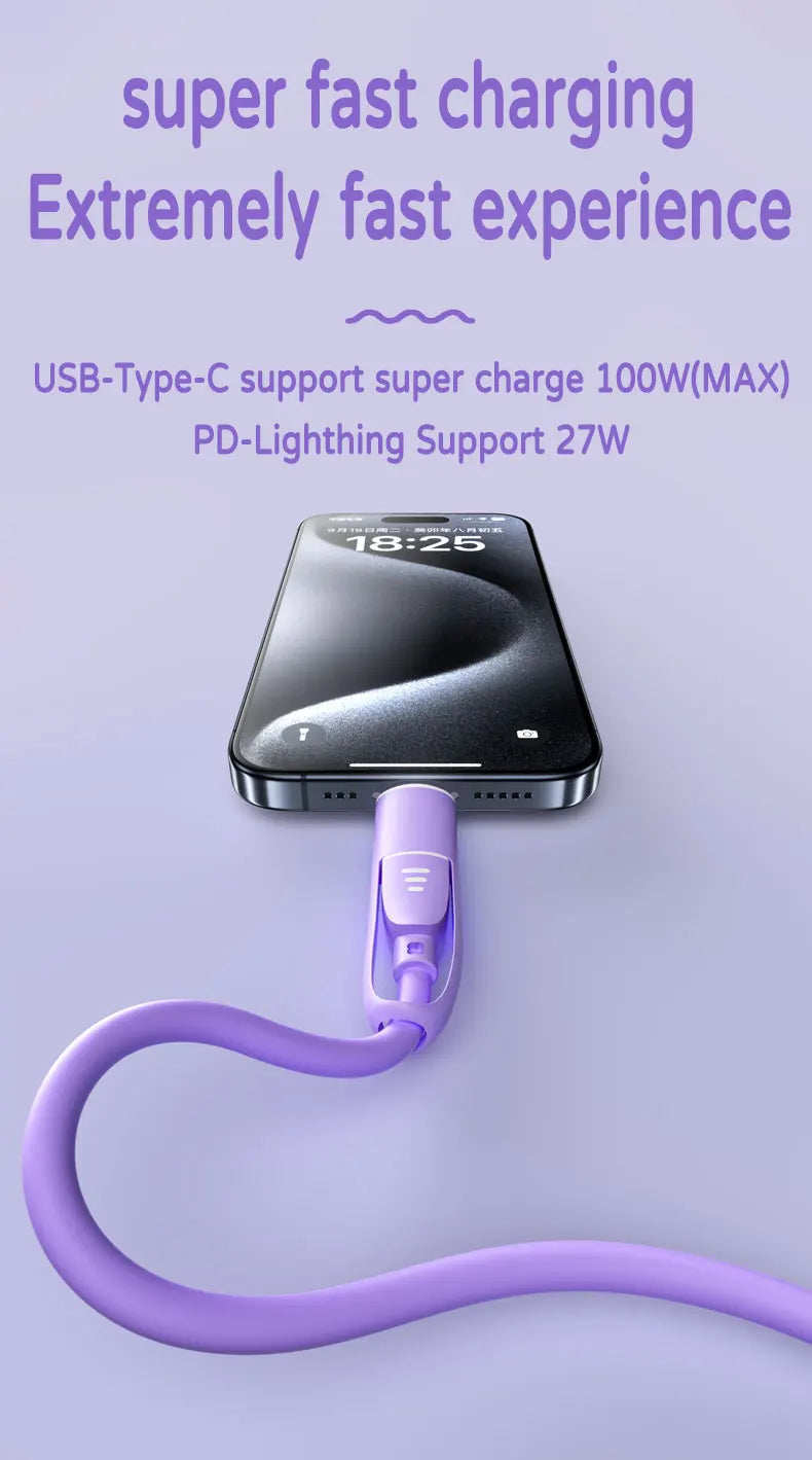 A purple USB-Type-C fast charging cable is shown connected to a smartphone for quick charging.