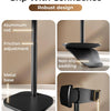 A black adjustable metal phone tripod stand showing its components including an aluminum rod, metal base, and grippy holder.