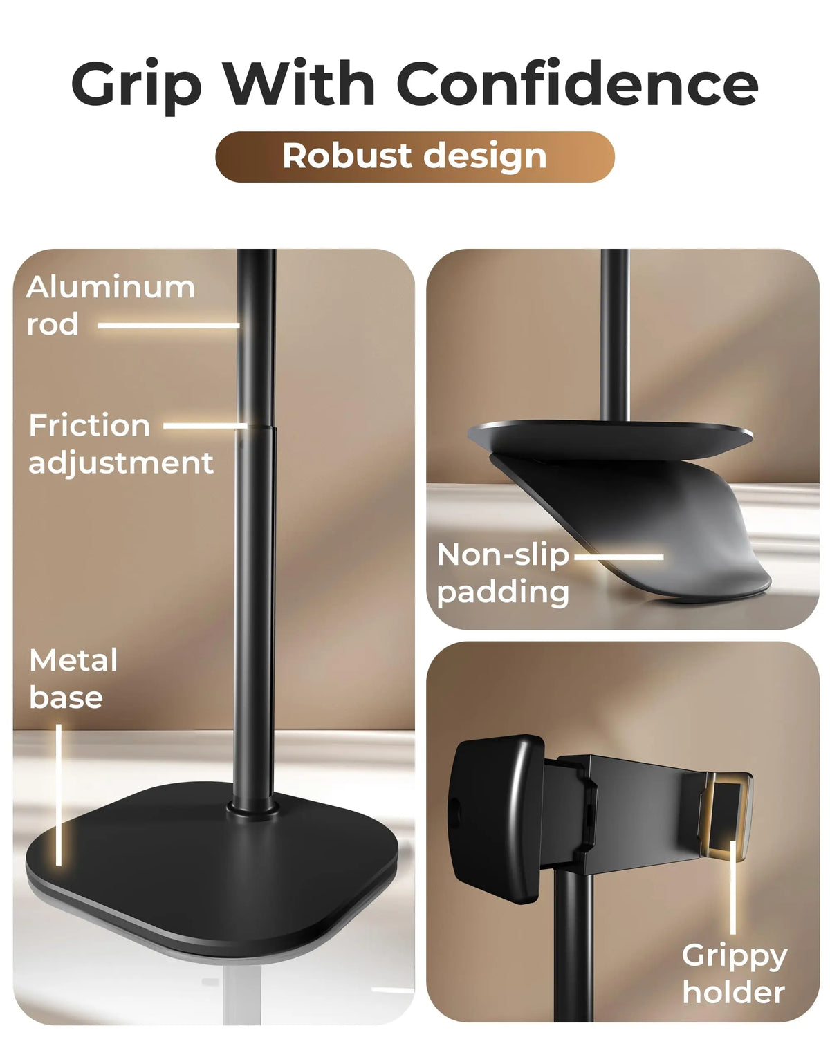 A black adjustable metal phone tripod stand showing its components including an aluminum rod, metal base, and grippy holder.