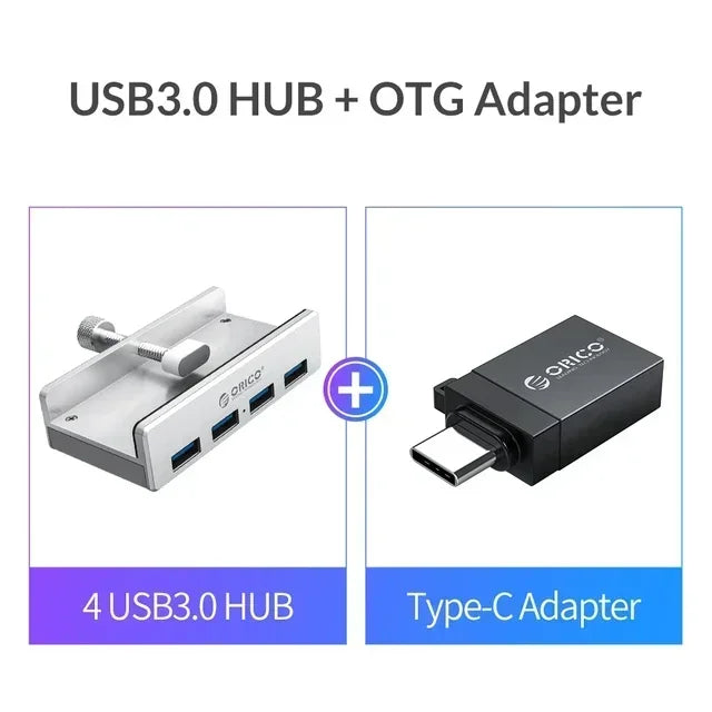 A white multi-port USB 3.0 hub with a clip and a black Type-C adapter.