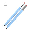 Stylet bleu clair avec pointe noire et accents rouges, vue en diagonale.