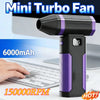 A black and purple Mini Turbo Fan is shown next to a laptop keyboard, highlighting its 6000mAh battery and 150000RPM speed.