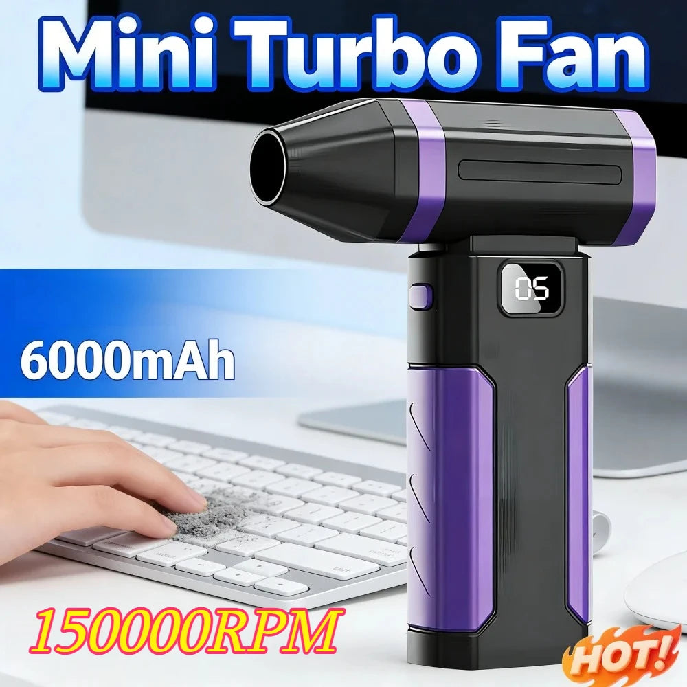 A black and purple Mini Turbo Fan is shown next to a laptop keyboard, highlighting its 6000mAh battery and 150000RPM speed.