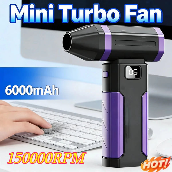 Ventilateur mini turbo noir et violet avec batterie 6000mAh et vitesse de 150000 tours/min.