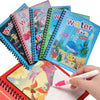 A set of colorful water drawing and coloring notebooks with a pink cover and green spines, shown next to a hand holding a pin