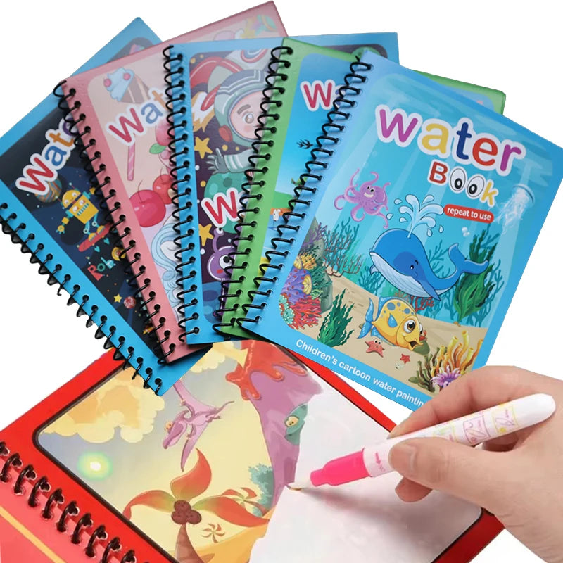 A set of colorful water drawing and coloring notebooks with a pink cover and green spines, shown next to a hand holding a pin