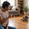 A woman uses an interactive pet training pen to interact with a cat on a wooden floor.