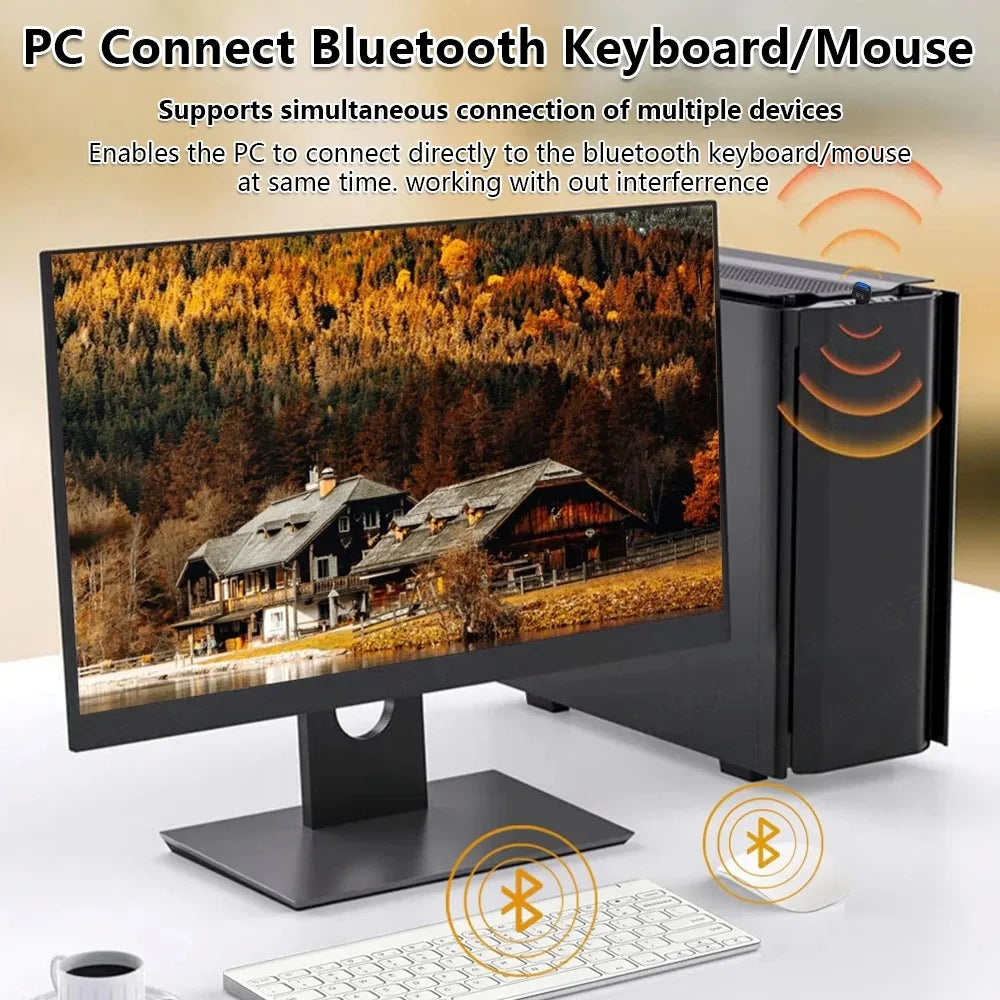 A black Bluetooth keyboard and mouse connected to a PC, demonstrating simultaneous device connection.