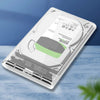 A clear plastic enclosure for an external SATA to USB 3.0 HDD, showing the internal drive and a green protective cover.